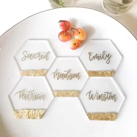 Custom-shaped acrylic name tags for wedding and event seating