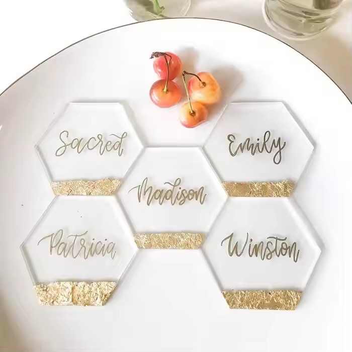 Custom-shaped acrylic name tags for wedding and event seating