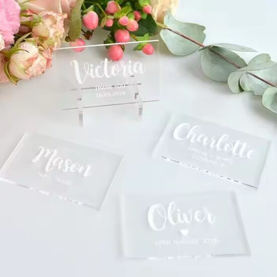 Custom-shaped acrylic name tags for wedding and event seating