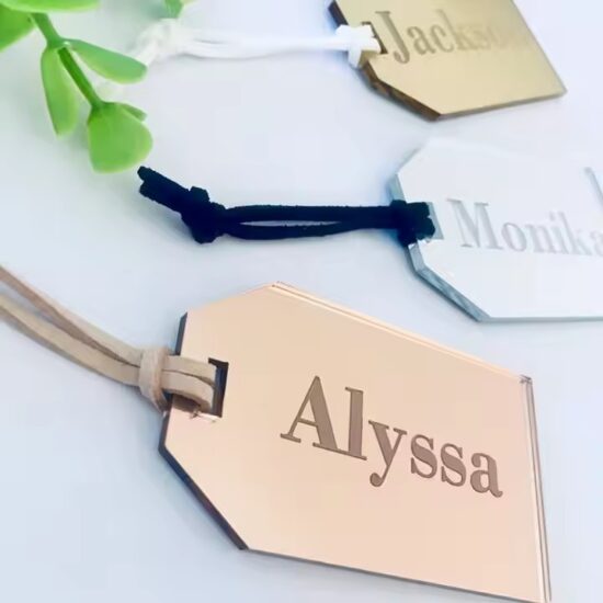 Custom acrylic name tags in various shapes and finishes