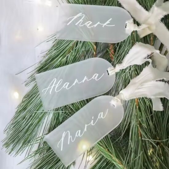 Custom acrylic name tags in various shapes and finishes