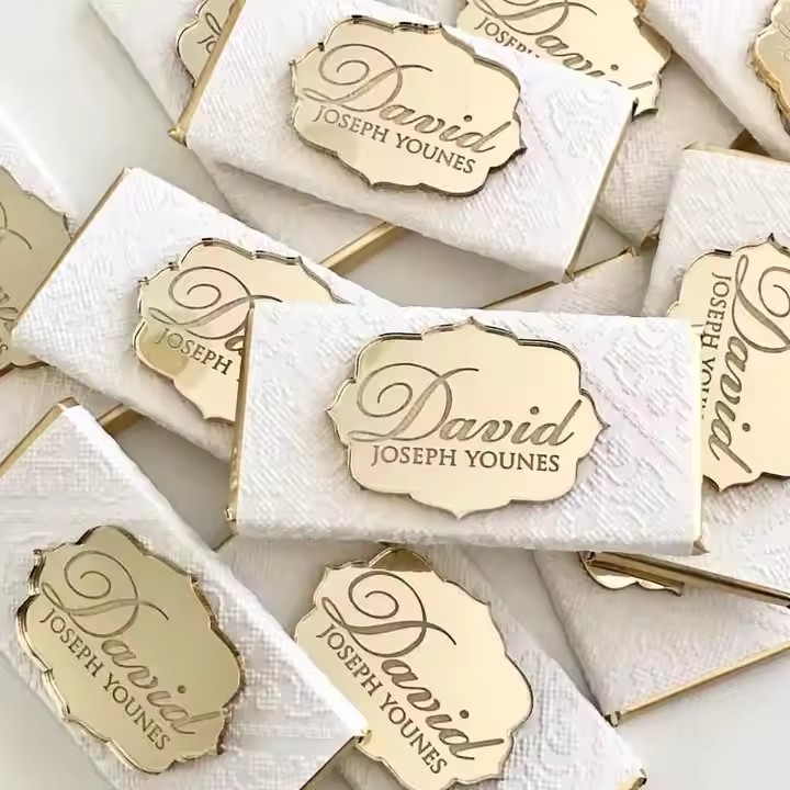Custom engraved mirror acrylic tags in assorted shapes