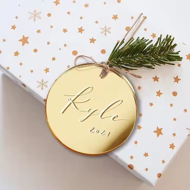 Custom round acrylic Christmas gift tags in festive styles