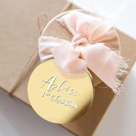 Custom round acrylic Christmas gift tags in festive styles