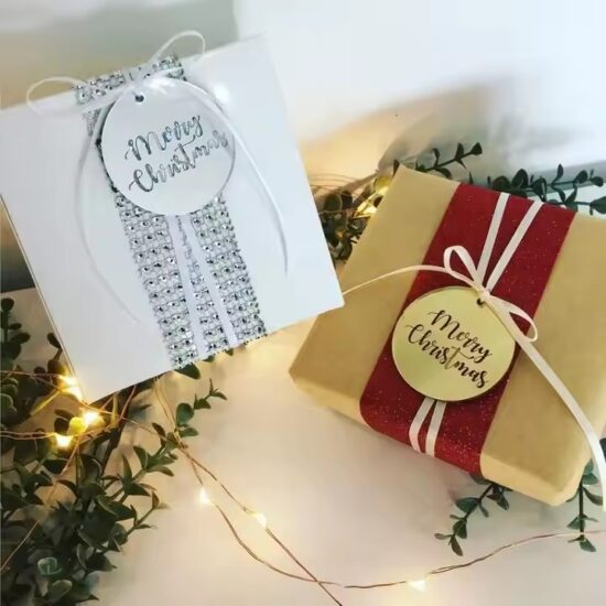 Custom round acrylic Christmas gift tags in festive styles