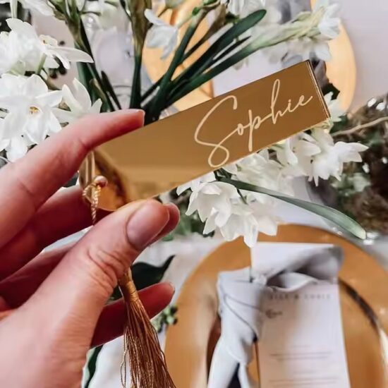 Custom acrylic wedding name tags in unique shapes