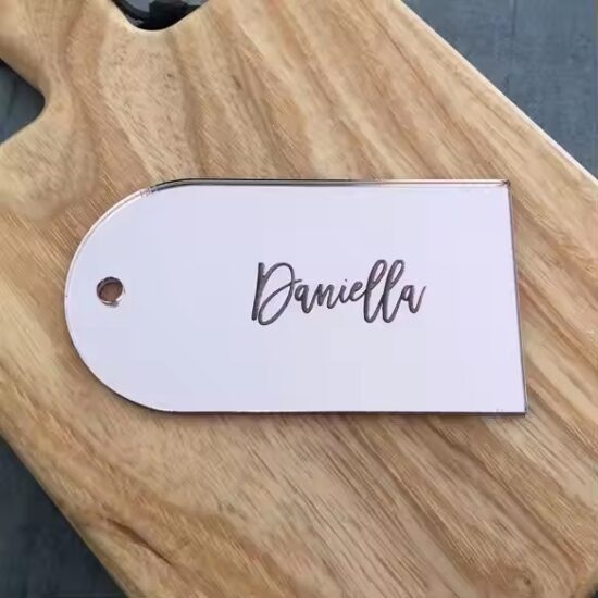 Custom acrylic wedding name tags in unique shapes