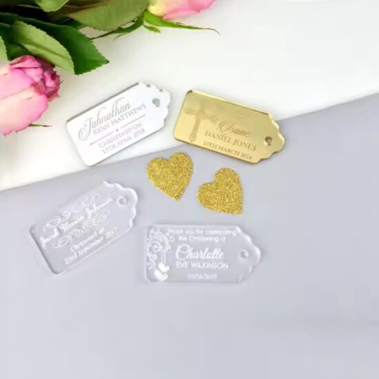 Custom acrylic wedding name tags in unique shapes