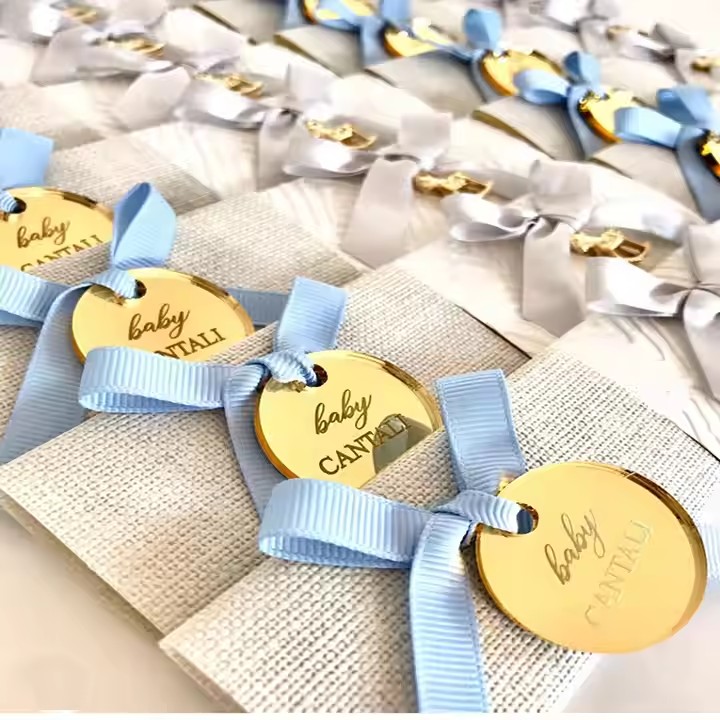 Custom-shaped mirror acrylic gift tags in silver and gold finishes