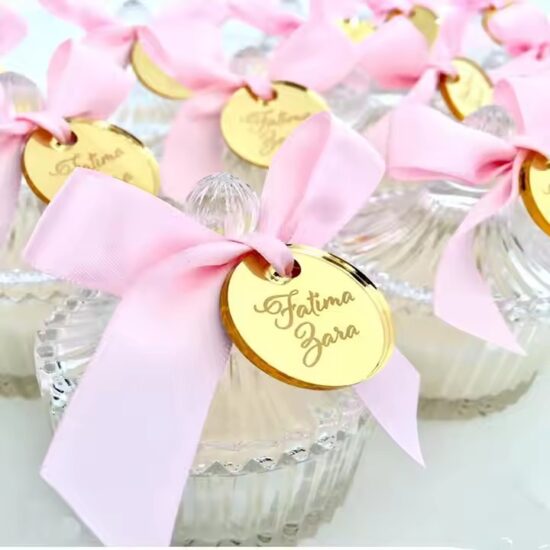 Custom-shaped mirror acrylic gift tags in silver and gold finishes