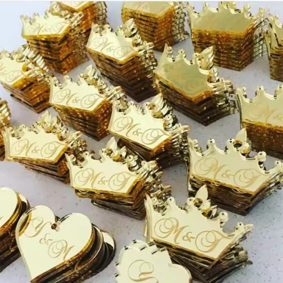 Custom-shaped mirror acrylic gift tags in silver and gold finishes