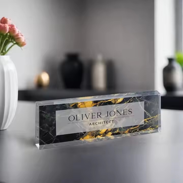 Custom Printed Photo Block Clear Acrylic Desk Name Plate
